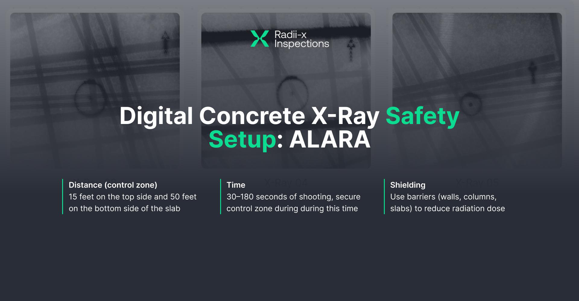 Digital Concrete X-Ray safety setup follows ALARA — Distance (15 ft top side, 50 ft bottom side of the slab), Time (30–180 seconds of shooting, secure control zone during that time), and Shielding (use barriers like walls, columns, and slabs to reduce radiation dose)