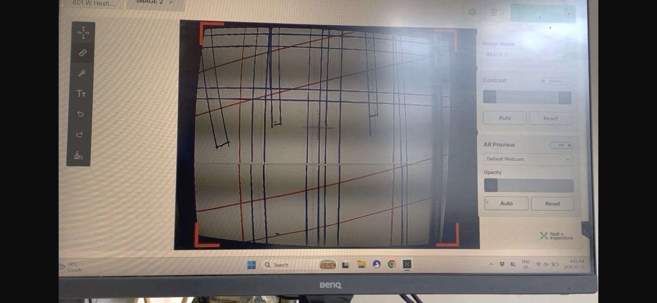 A close-up of the monitor showing dense rebar and PT cable lines marked over the X-Ray image — the kind of multi-element shot AR Preview makes faster and more reliable to mark