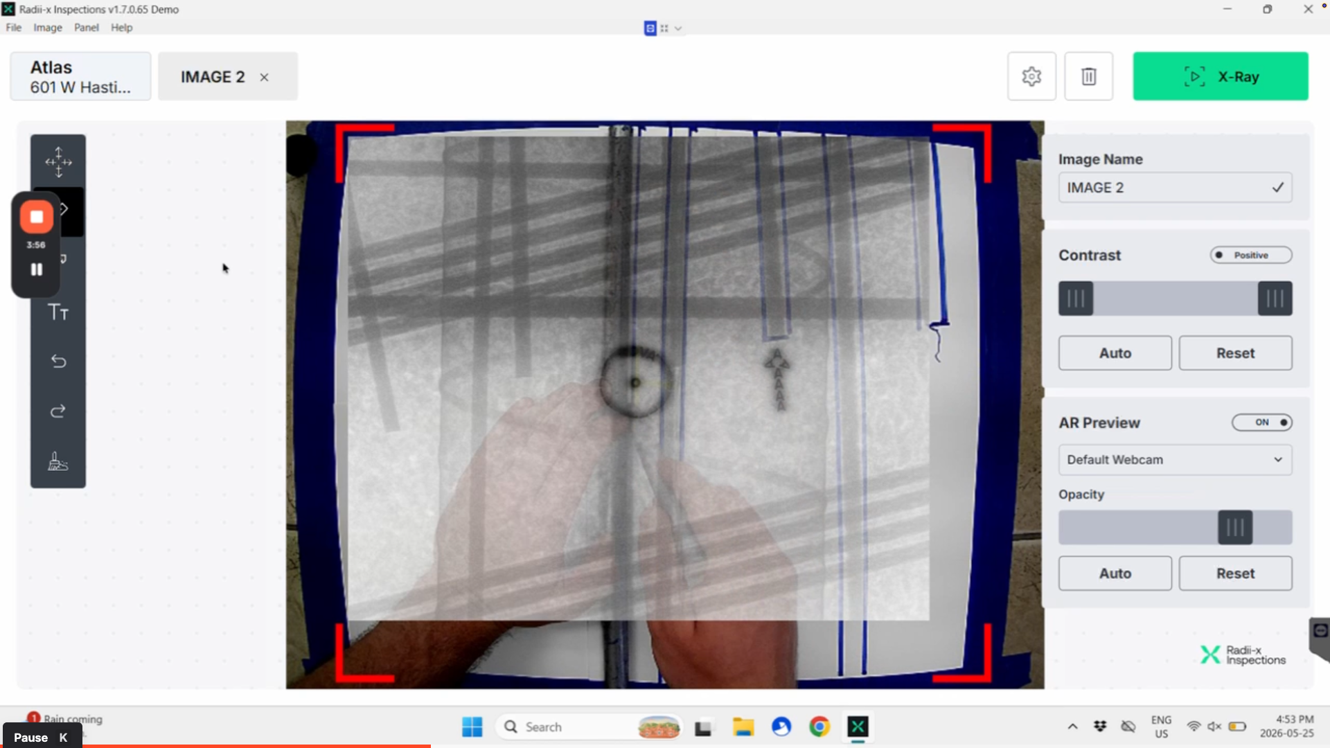 The Radii-x app showing AR Preview live: an X-Ray image overlaid at about 80% opacity on top of the webcam view of the slab, with the AR Preview opacity slider on the right side of the interface