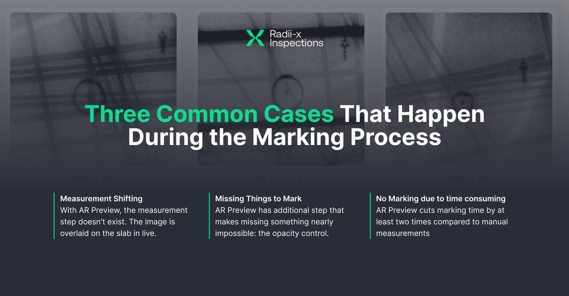 Three common cases that happen during the marking process: measurement shifting (with AR Preview the measurement step doesn't exist — the image is overlaid on the slab live), missing things to mark (an additional step that makes missing something nearly impossible: the opacity control), and no marking due to time consuming (AR Preview cuts marking time by at least two times compared to manual measurements)