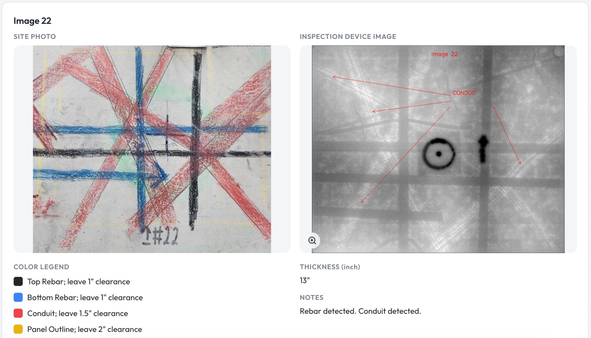 Radii-x report view for a 13-inch slab: the site photo with top rebar, bottom rebar, conduit, and panel outline marked in color next to the inspection device image with conduits annotated — rebar detected, conduit detected