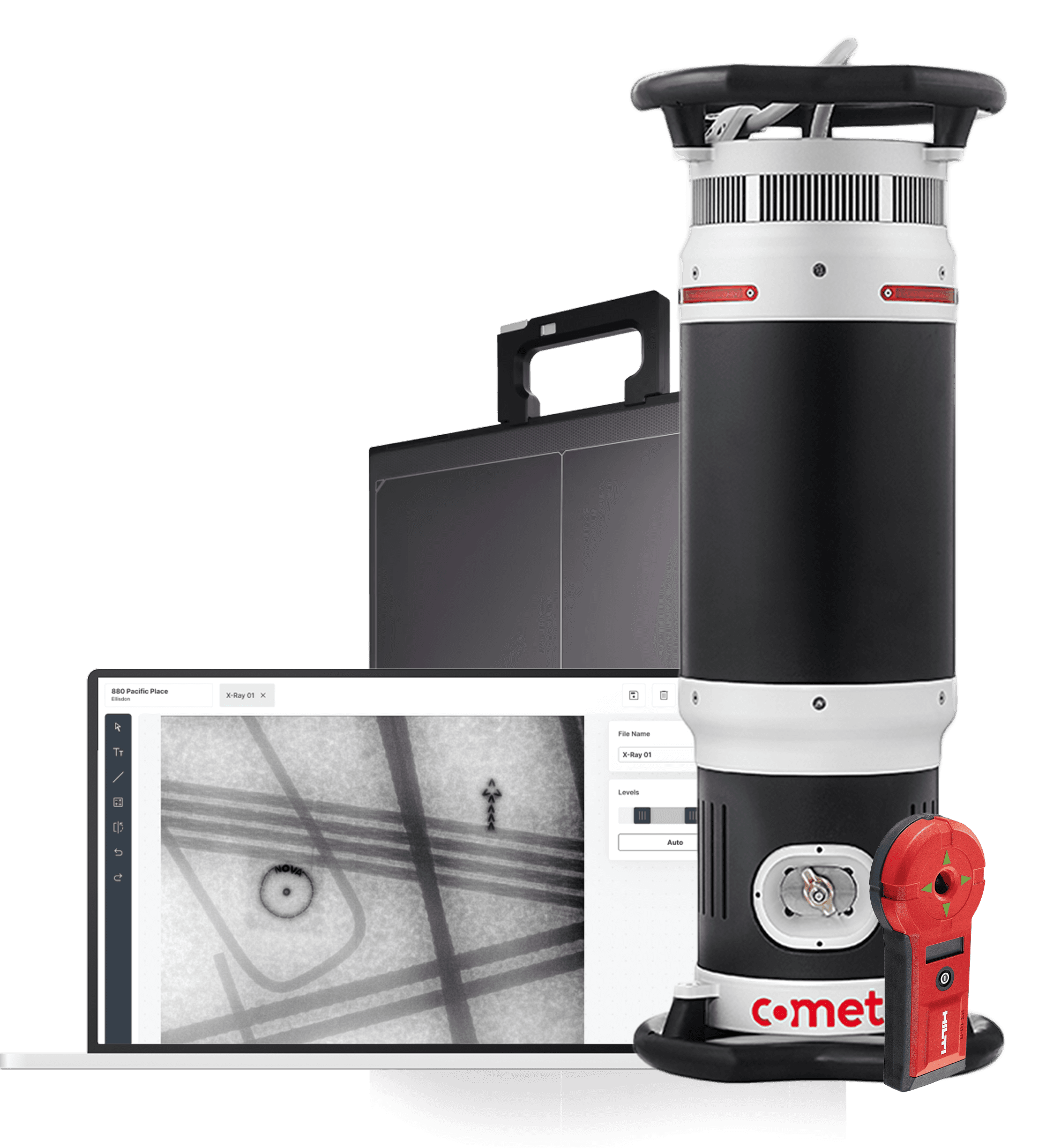 The Digital Concrete X-Ray equipment stack: the Comet portable X-Ray source, the digital flat-panel detector in its rugged case, and the laptop running the Radii-x imaging software with a clear X-Ray image on screen