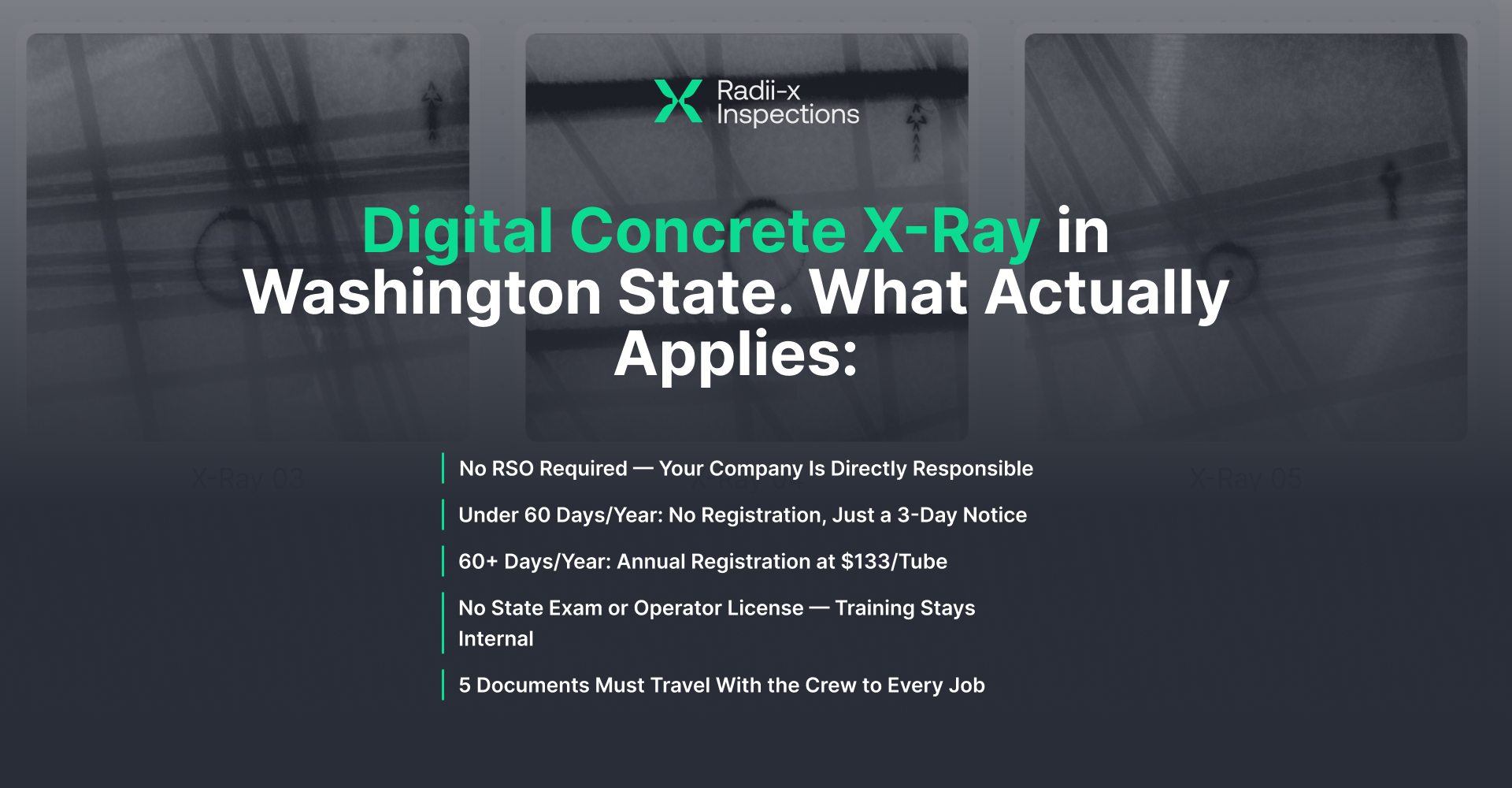 Digital Concrete X-Ray in Washington State — what actually applies: no RSO required (your company is directly responsible), under 60 days/year needs no registration (just a 3-day notice), 60+ days/year requires annual registration at $133 per tube, no state exam or operator license (training stays internal), and 5 documents must travel with the crew to every job