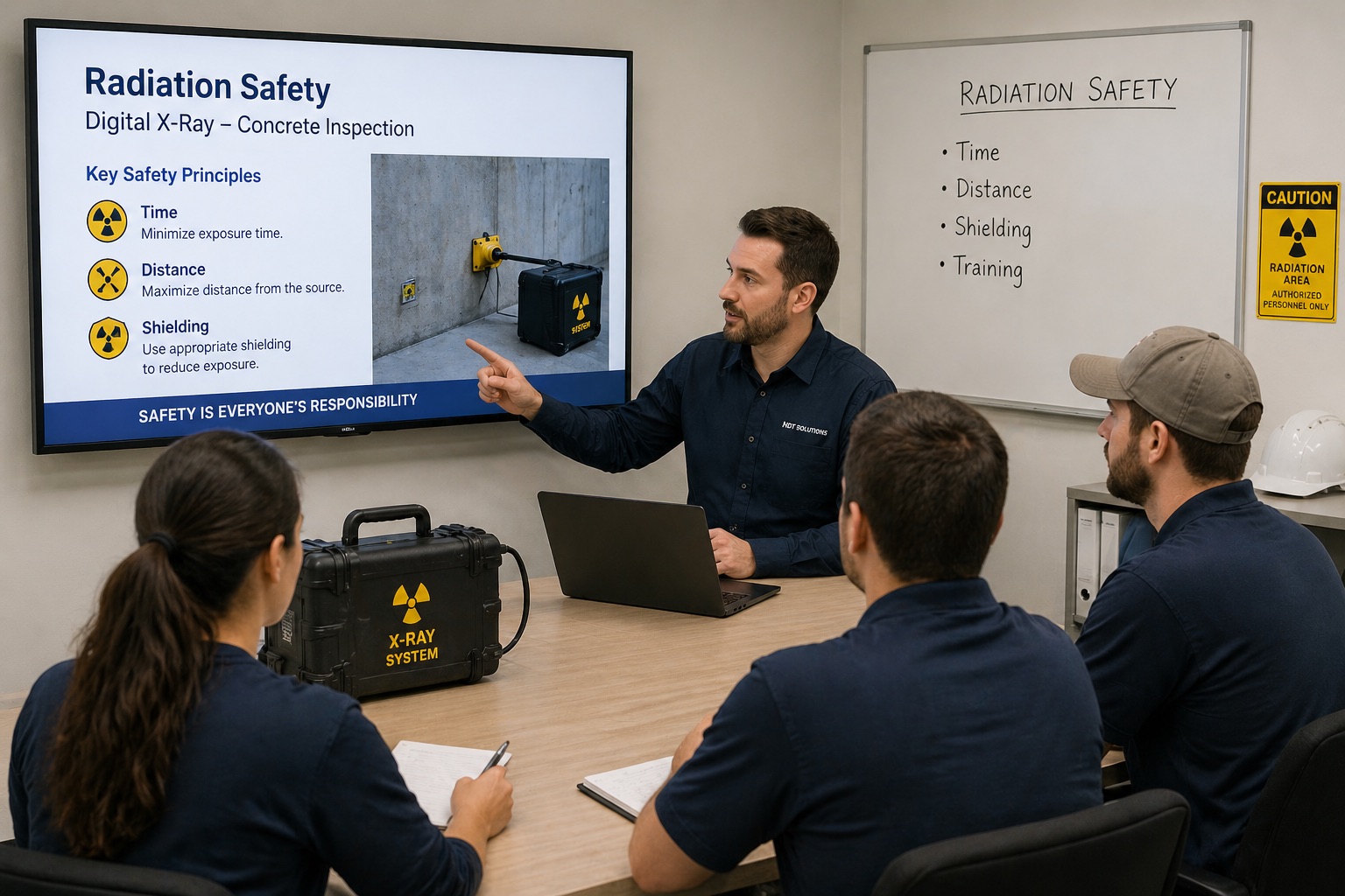 A Radii-x instructor presenting a Digital X-Ray concrete-inspection radiation safety slide — covering the Time, Distance, and Shielding principles — to a group of trainees seated around a table with an X-ray system case