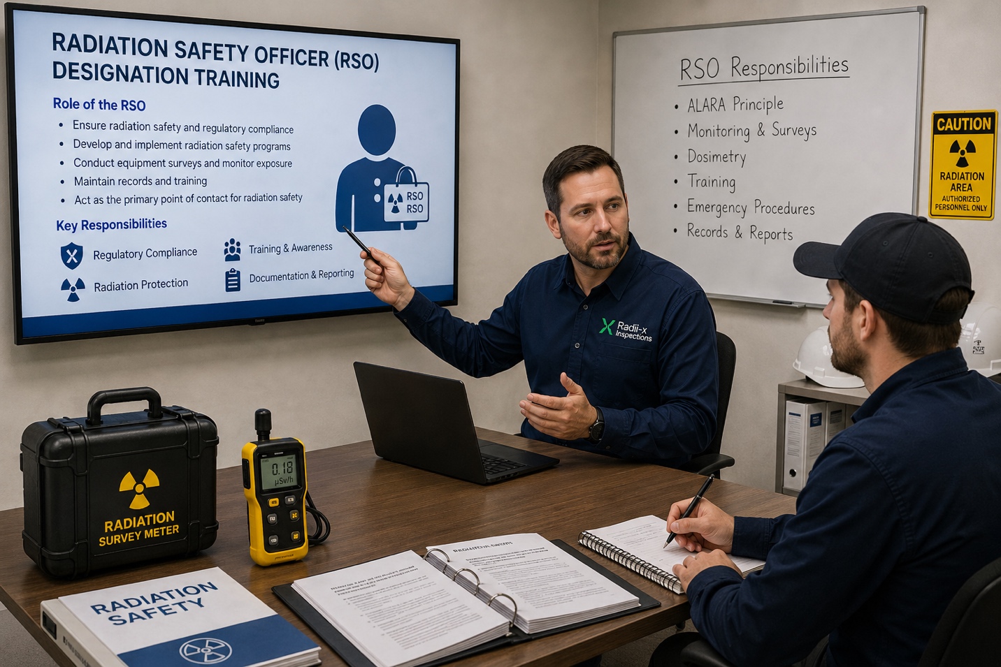 A Radii-x instructor walking a trainee through a Radiation Safety Officer designation slide, with an RSO responsibilities whiteboard, a radiation survey meter, and a caution radiation-area sign in the training room